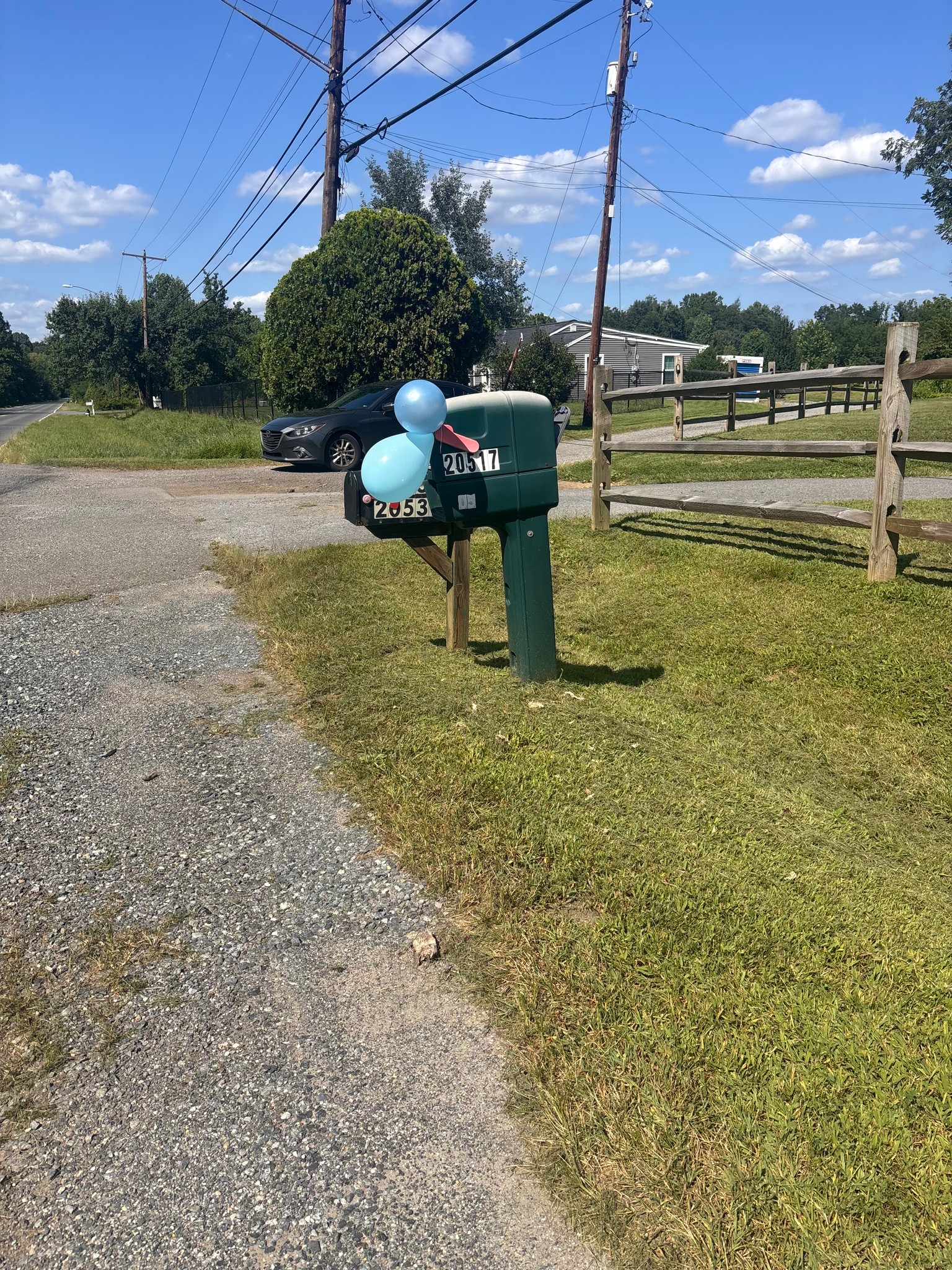 Mailbox at the entrance decorated with blue balloons on a sunny day — Campout 2025