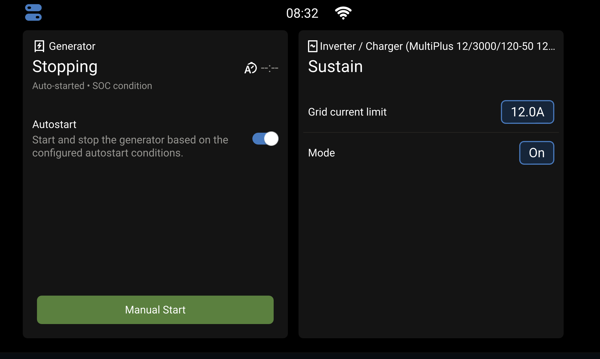 Victron GX generator panel reading Stopping, auto-started on state of charge condition, with autostart enabled