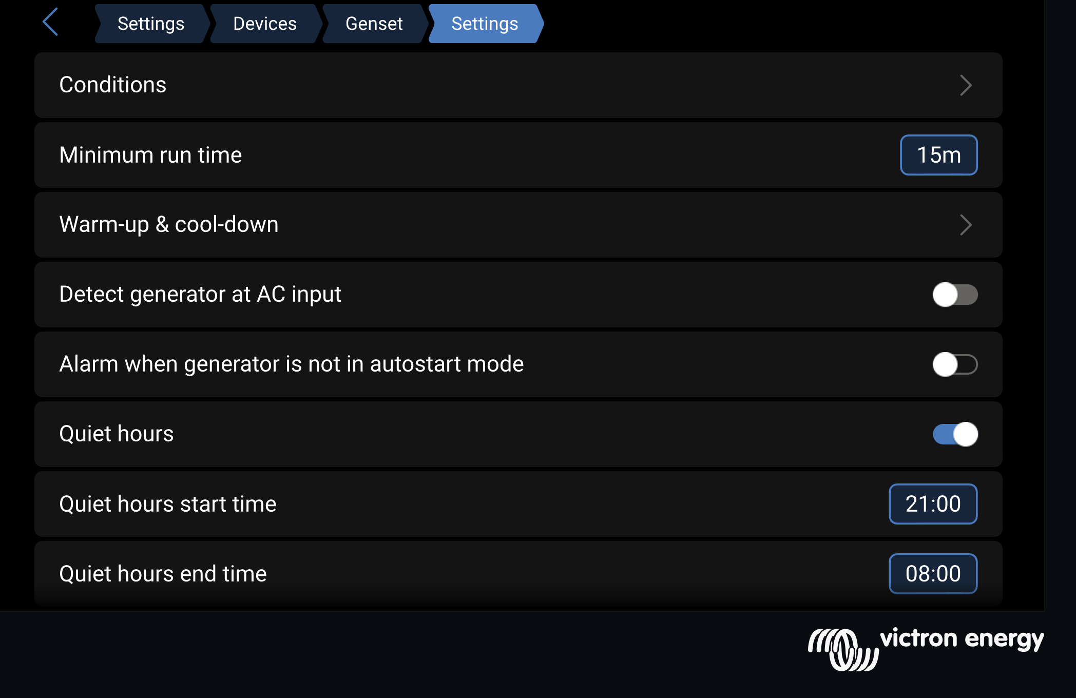 Victron GX generator settings showing a 15 minute minimum run time and quiet hours enabled from 21:00 to 08:00