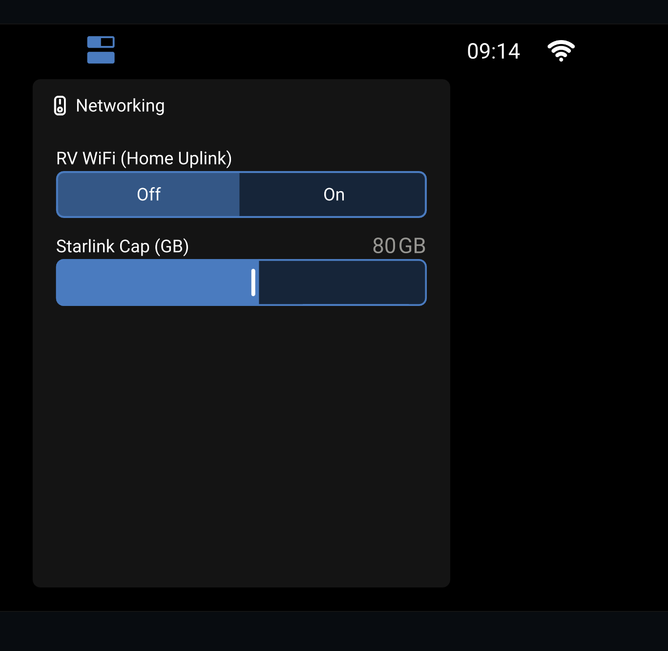 Victron GX networking panel with an off/on switch for the RV home uplink and a slider setting the Starlink monthly cap